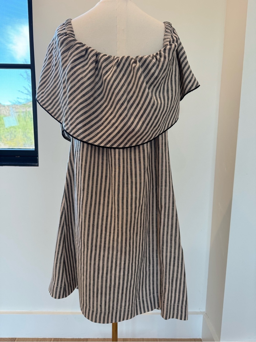 Trina Turk Black and Cream Striped Linen “Out of Office” Dress Resort Wear Flowy